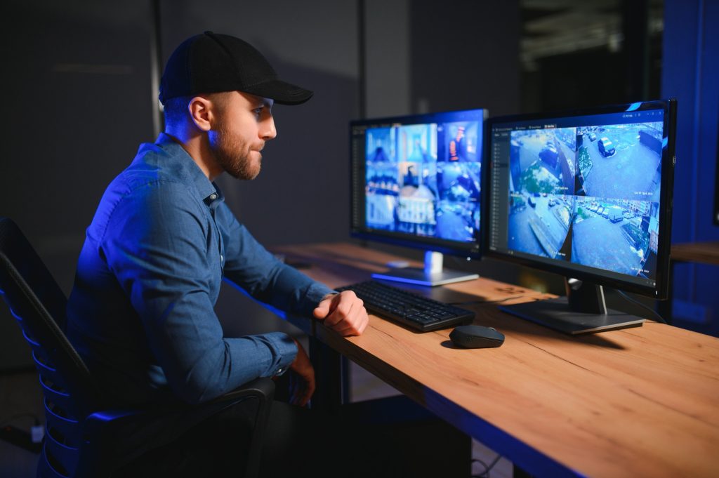 Rear view of security system operator looking at CCTV footage at desk in office